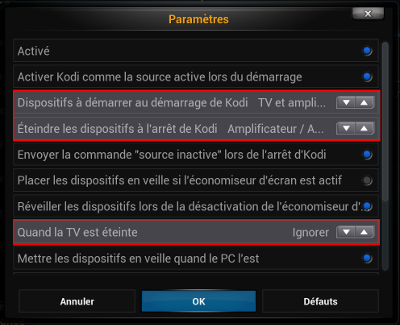 Capture décran paramètres CEC Kodi